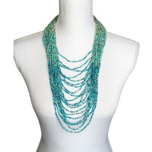 Turquoise String Bead Multi Strand Waterfall Necklace 16" Boho Indie Southwest